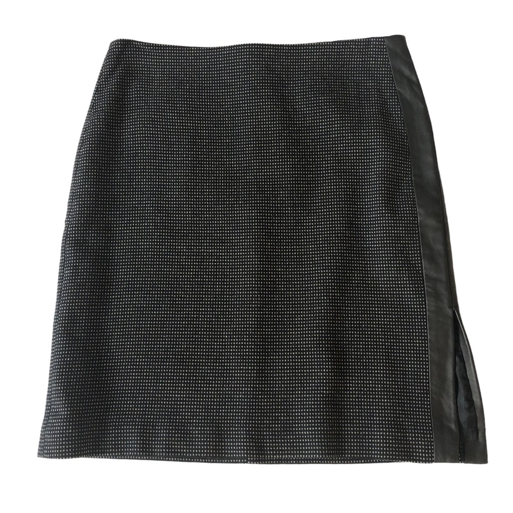 New Frontier Black Gray Print Stretch Wool Blend Skirt with Faux Leather Trim